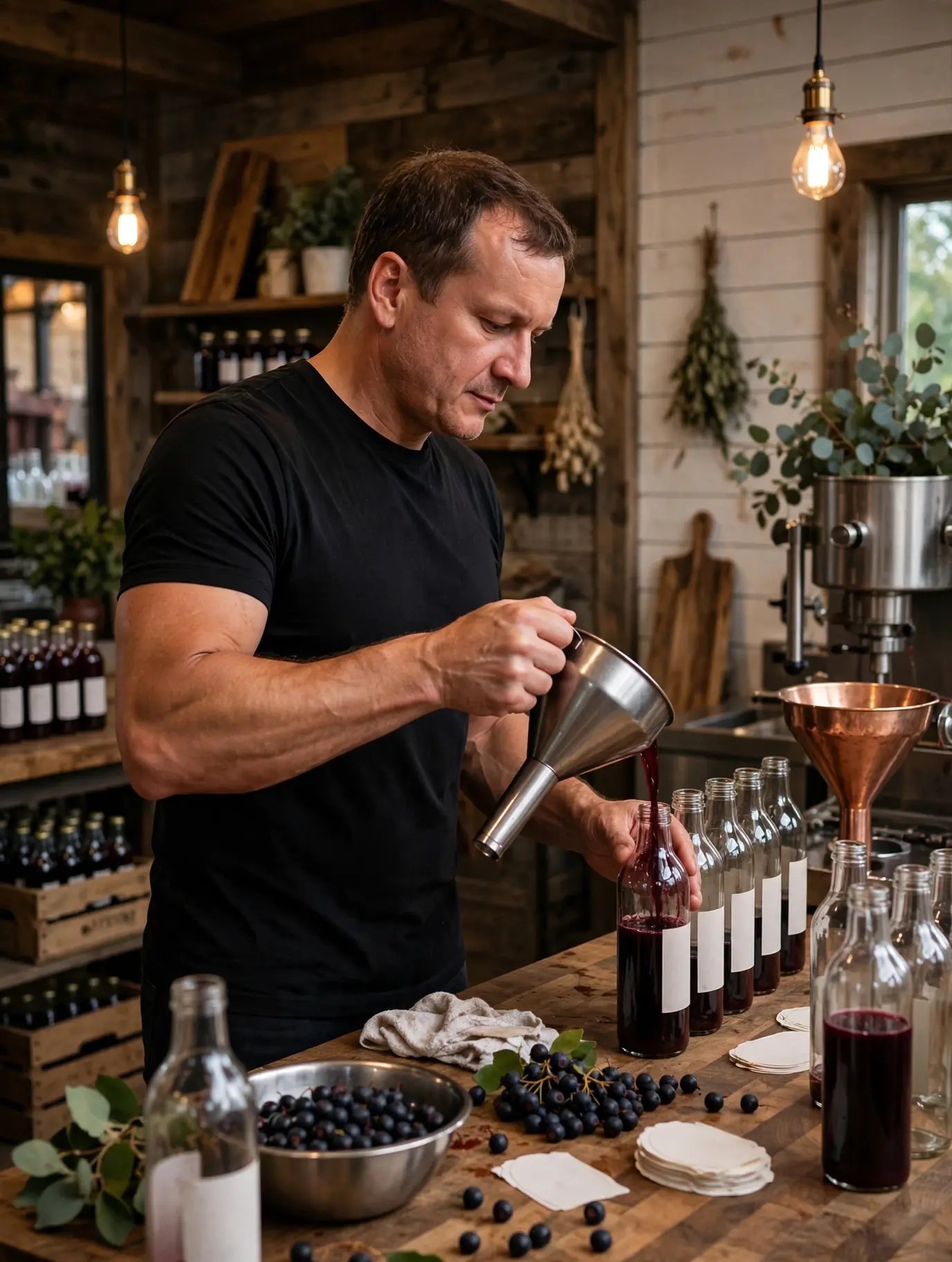 Hand-pouring dark Aronia juice into glass bottles in a rustic kitchen with fresh berries