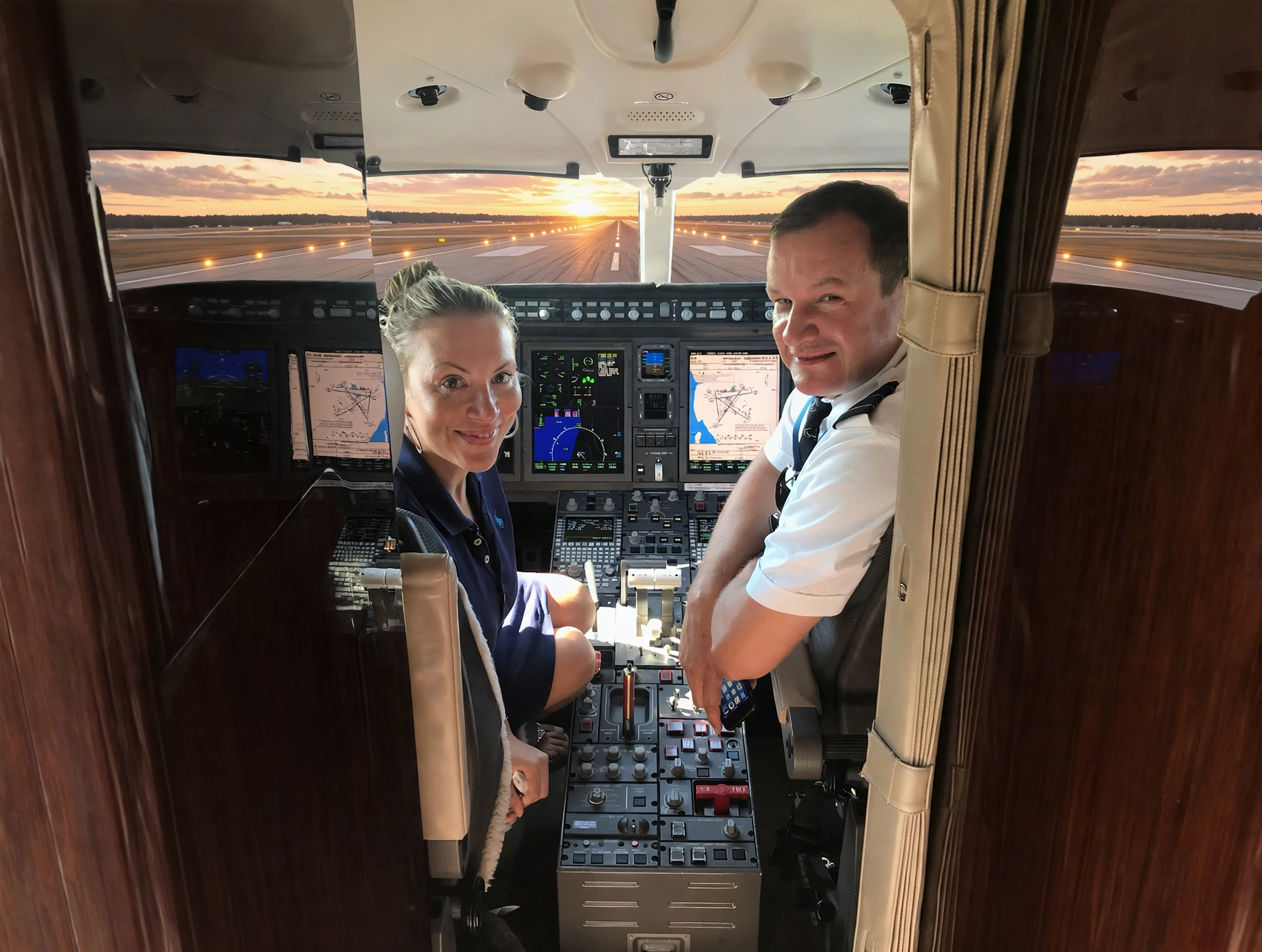 Dragan Petrovic in the cockpit at golden hour, runway lights stretching toward the sunset