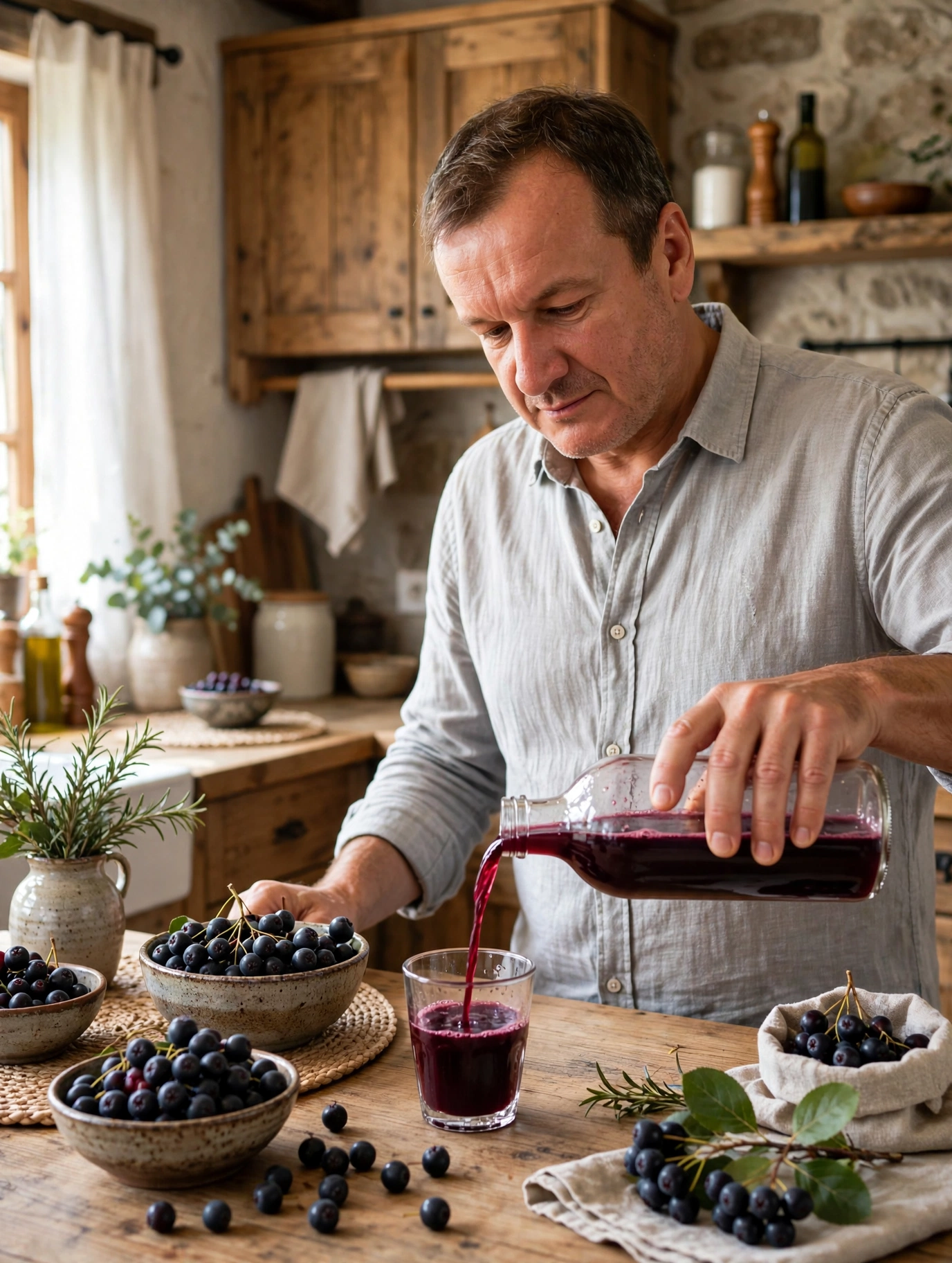 Dragan, founder of ElixirBurst, pouring a glass of Aronia juice in a sunlit kitchen