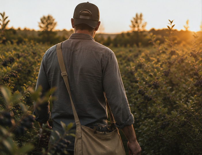 Dragan Petrovic walking the Aronia rows at golden hour, seen from behind