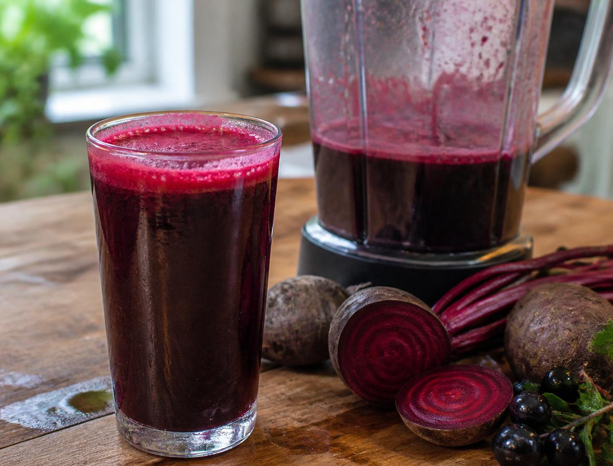 Deep crimson Aronia beet blend beside sliced raw beetroot