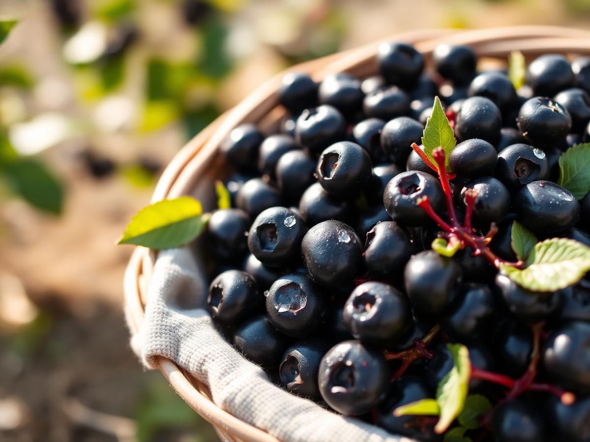 Macro photograph of ripe Aronia chokeberries on the branch