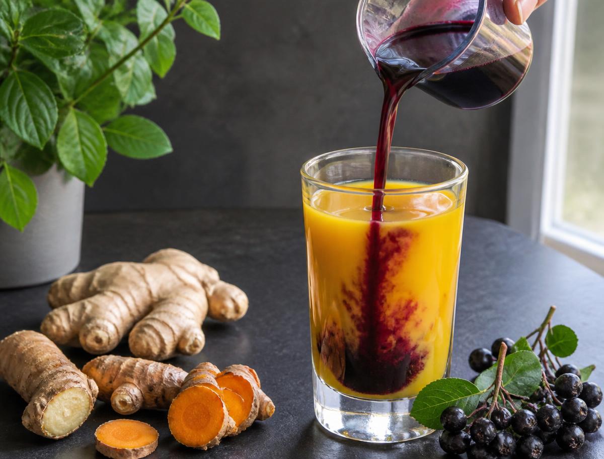 A small glass of Aronia mixed with ginger and turmeric