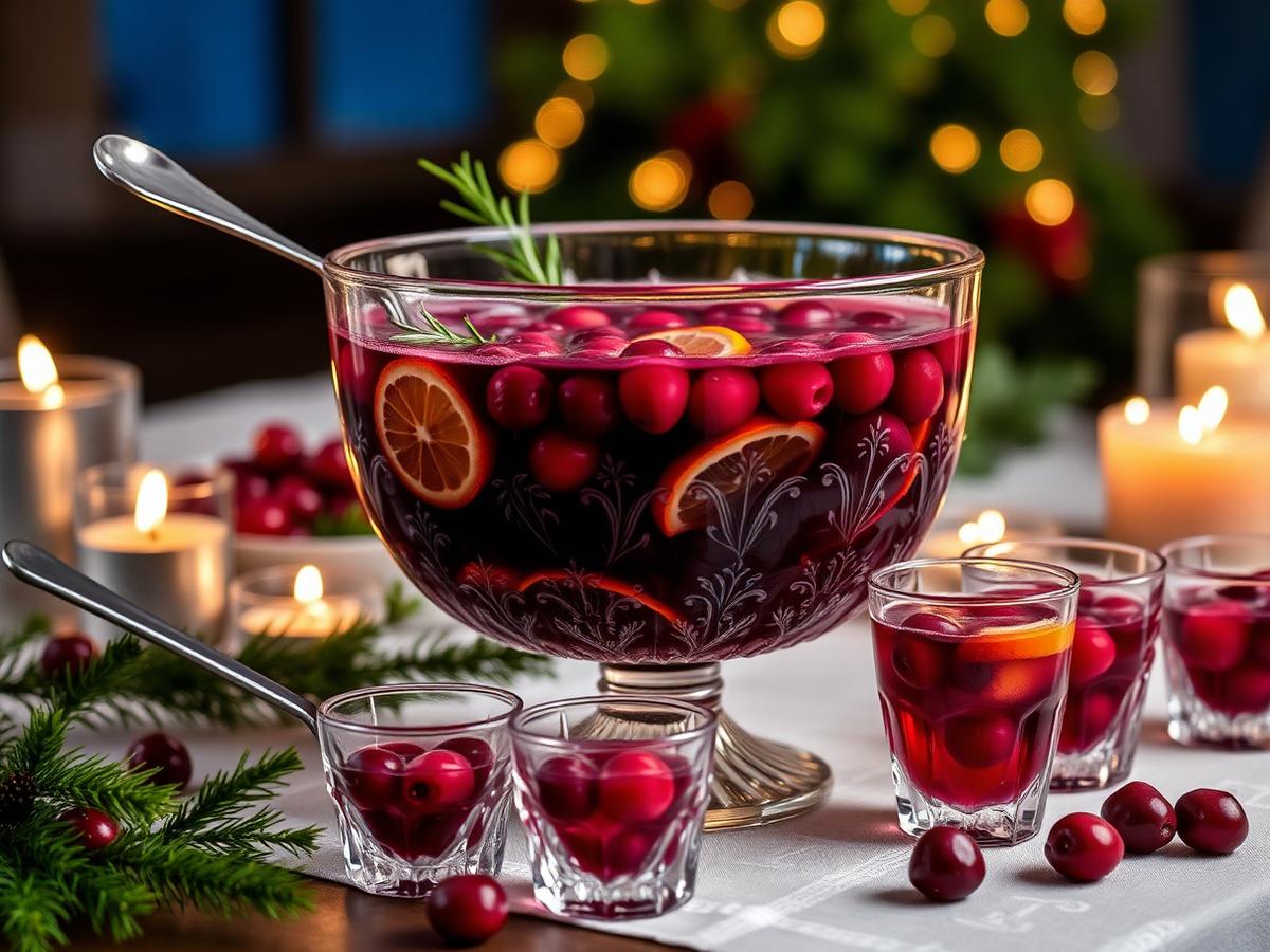 A punch bowl of deep red Aronia holiday punch with fruit
