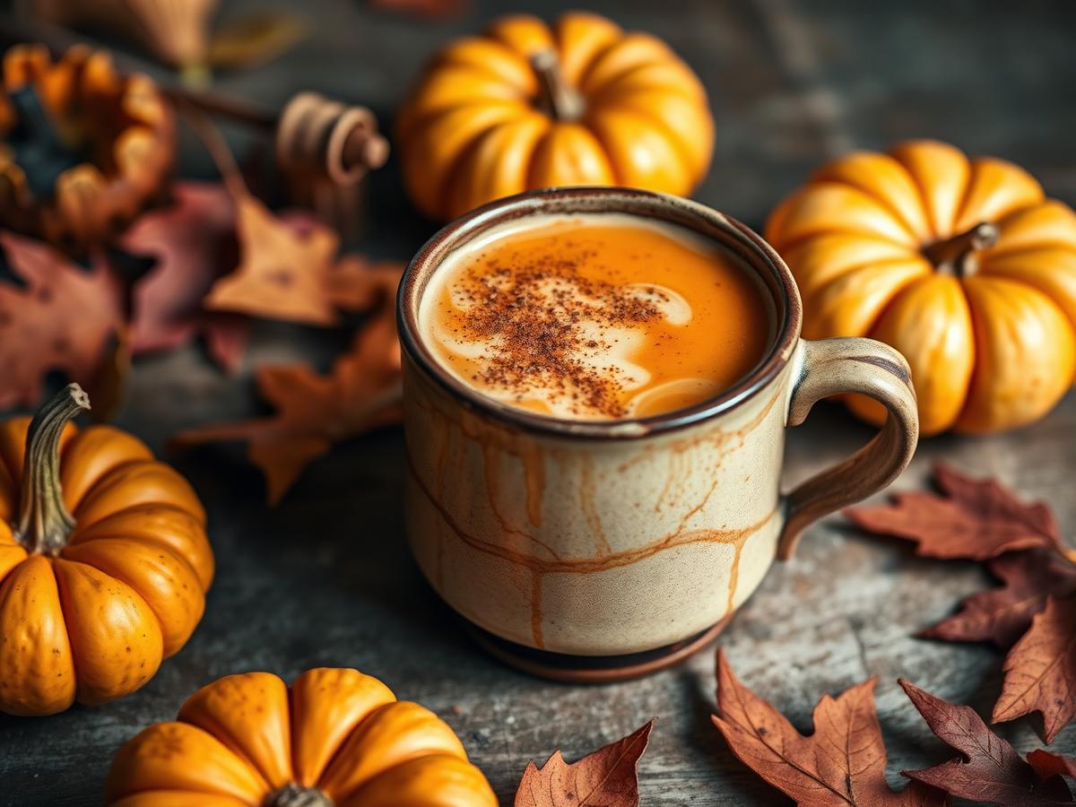 Rustic mug of Aronia pumpkin spice warmer with autumn leaves and small pumpkins