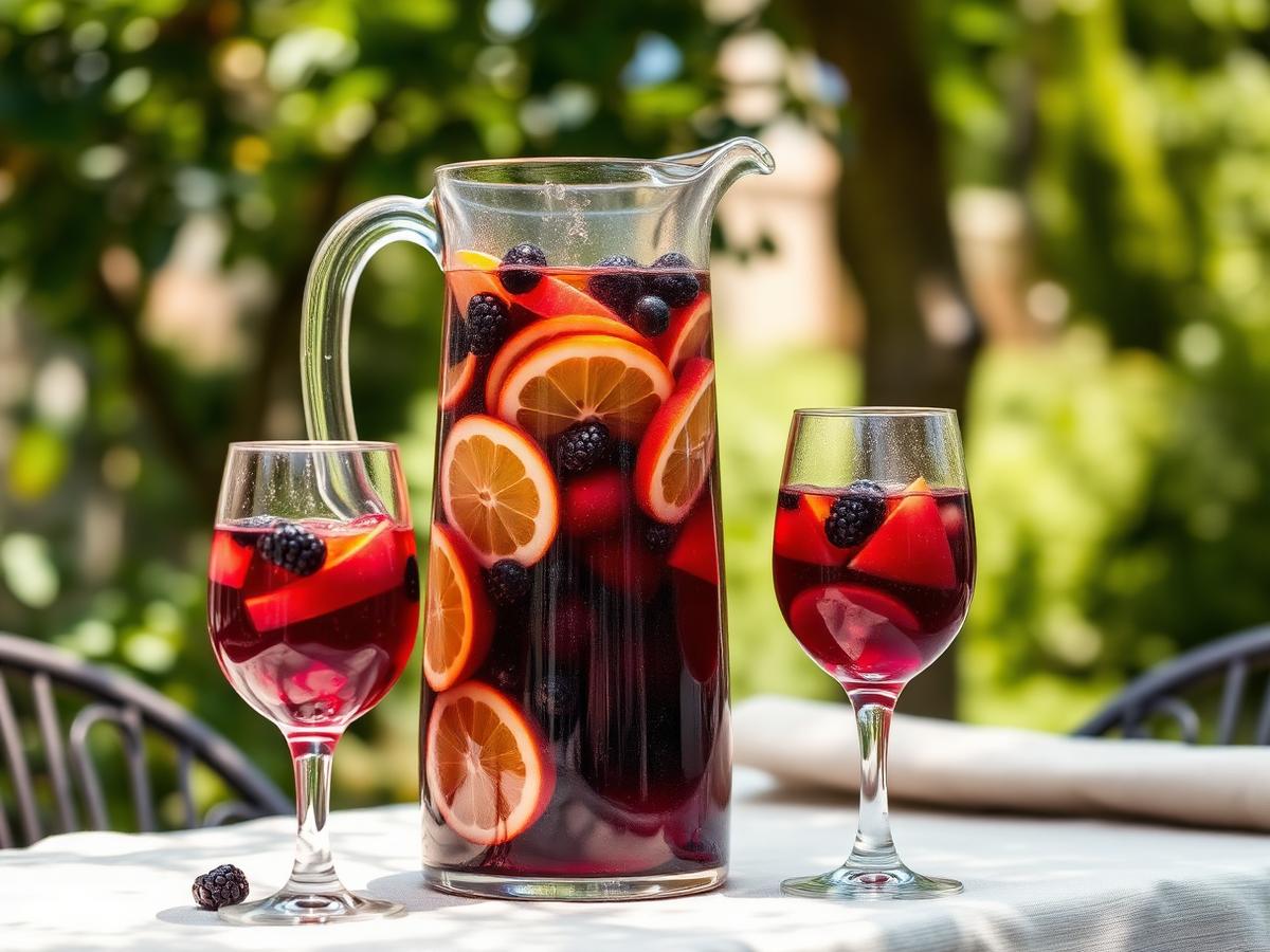 Glass pitcher of Aronia sangria with orange and apple slices in the sun