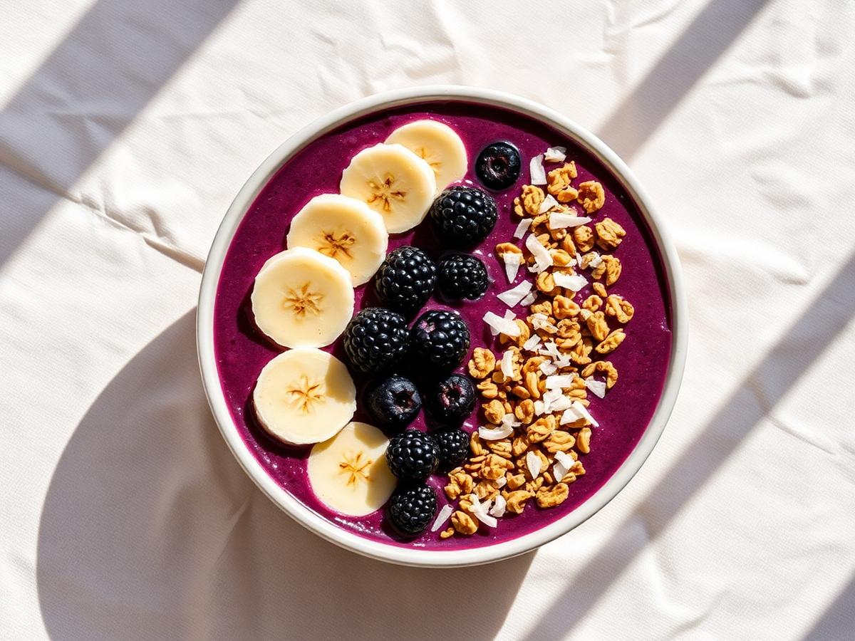 Deep purple Aronia smoothie bowl topped with banana, berries and granola