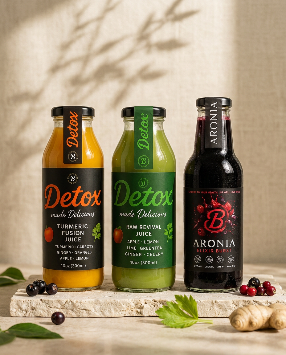 The full ElixirBurst juice line-up in glass bottles side by side