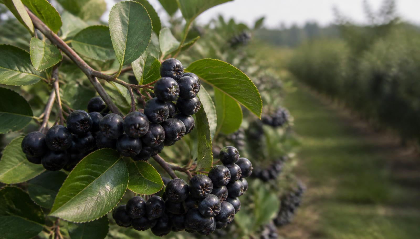 Clusters of near-black Aronia berries hanging on the branch