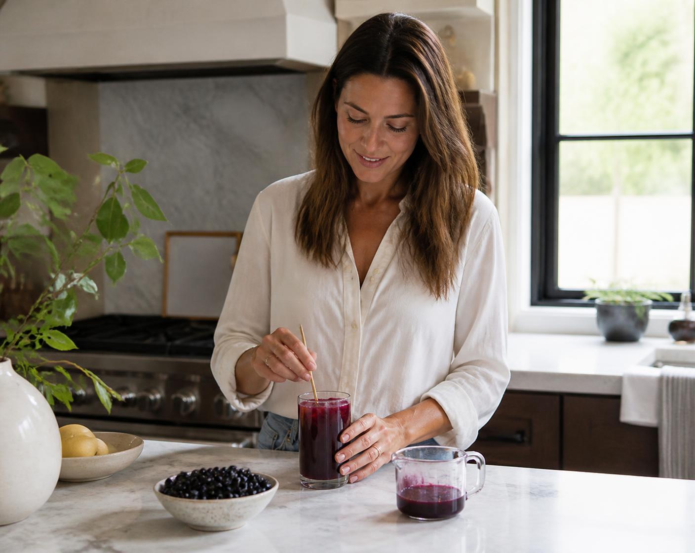 A woman at a sunlit kitchen counter holding a small glass of Aronia juice as part of her daily routine