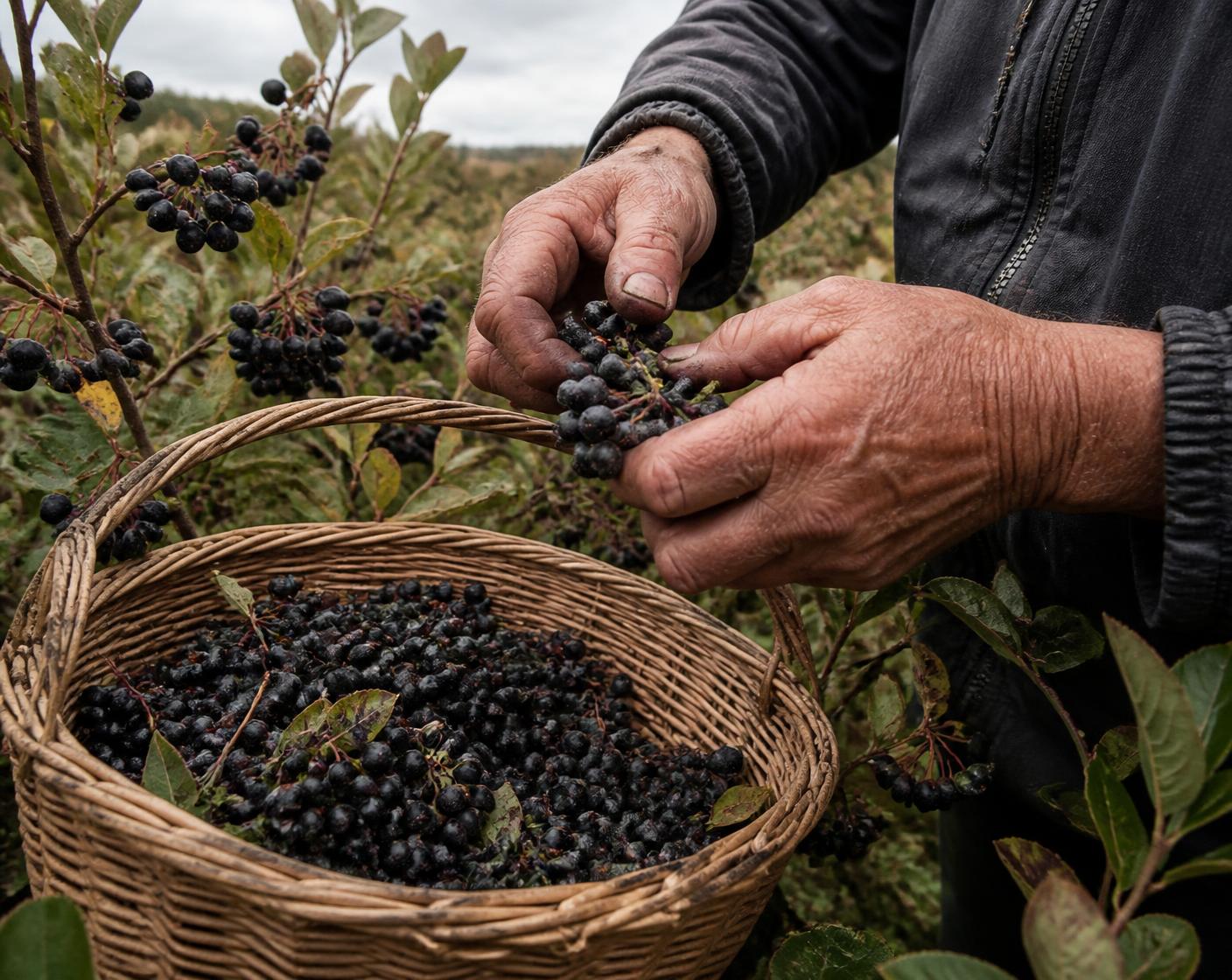 A farmer's hands picking ripe Aronia berries into a woven basket
