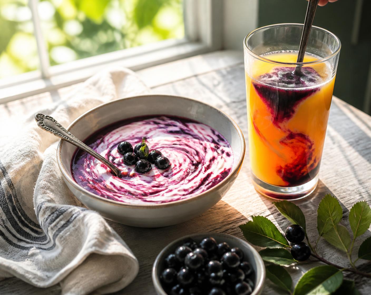 A glass of dark Aronia juice and a carafe on a linen table in morning light