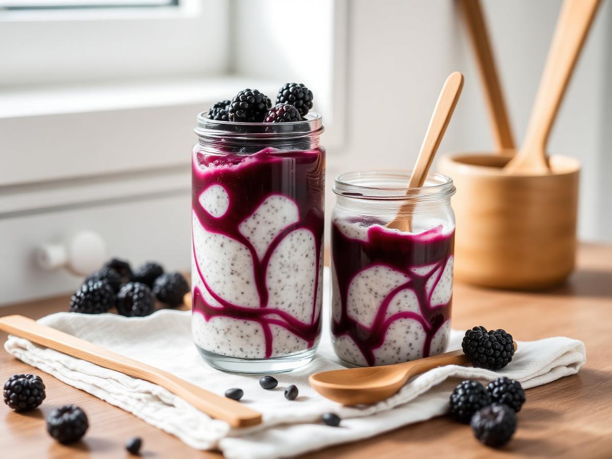 Overnight oats swirled with deep purple Aronia juice