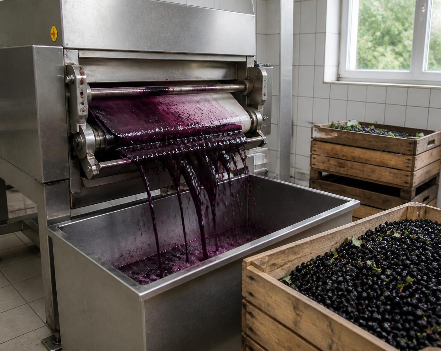 Aronia juice flowing from the press