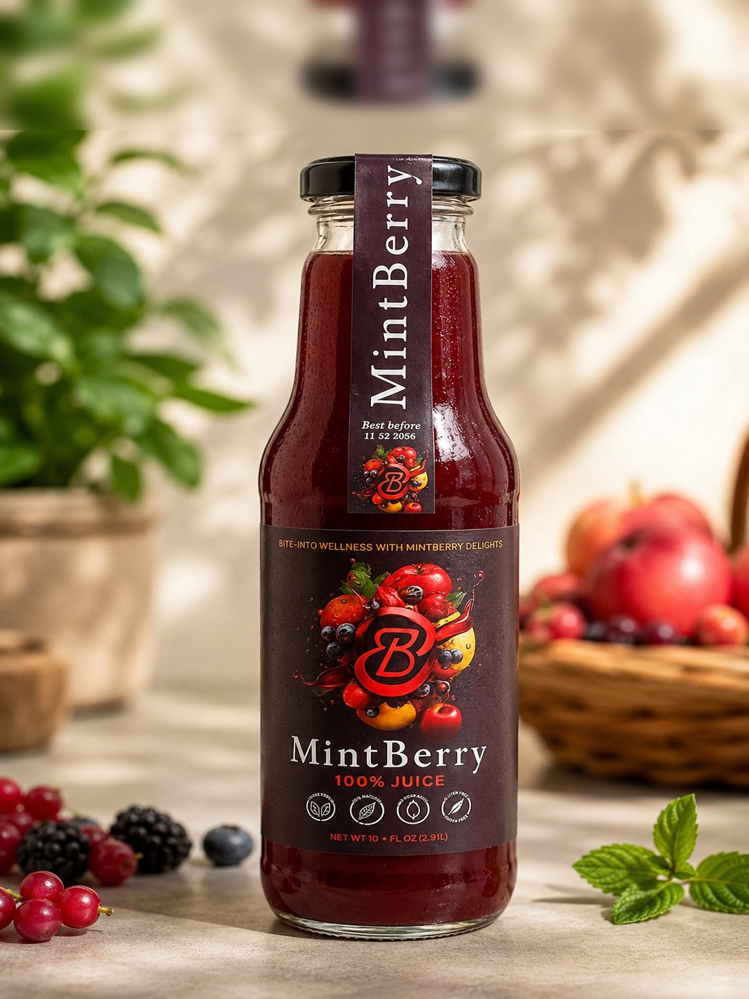 Bottle of ElixirBurst MintBerry juice