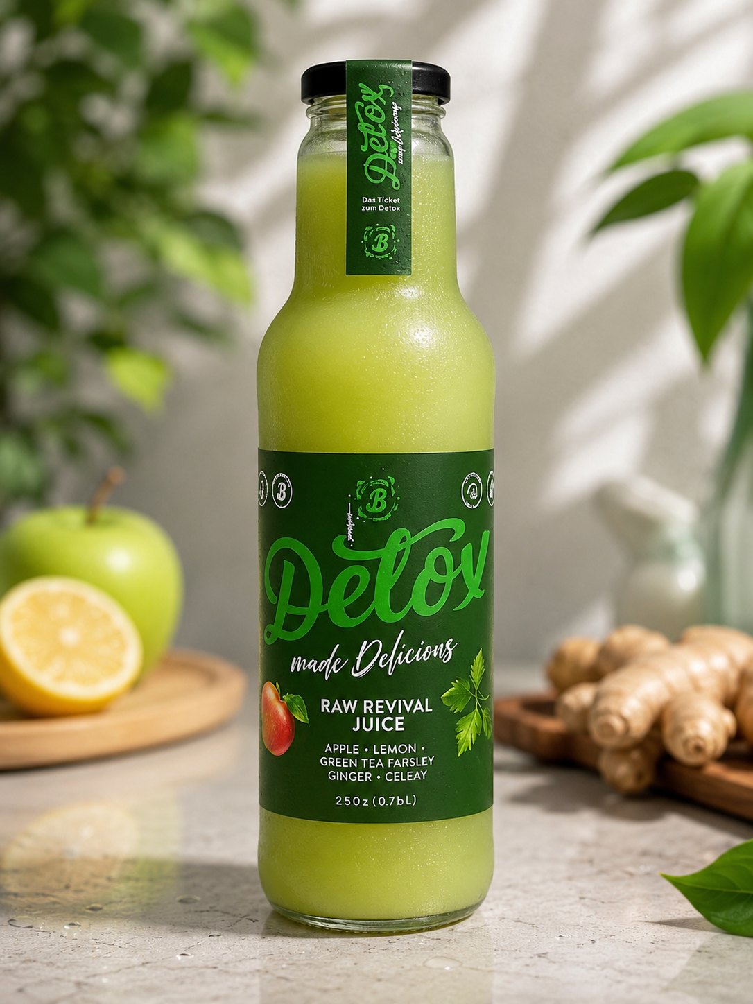 Raw Revival Juice in a 750 ml (25 oz) glass bottle