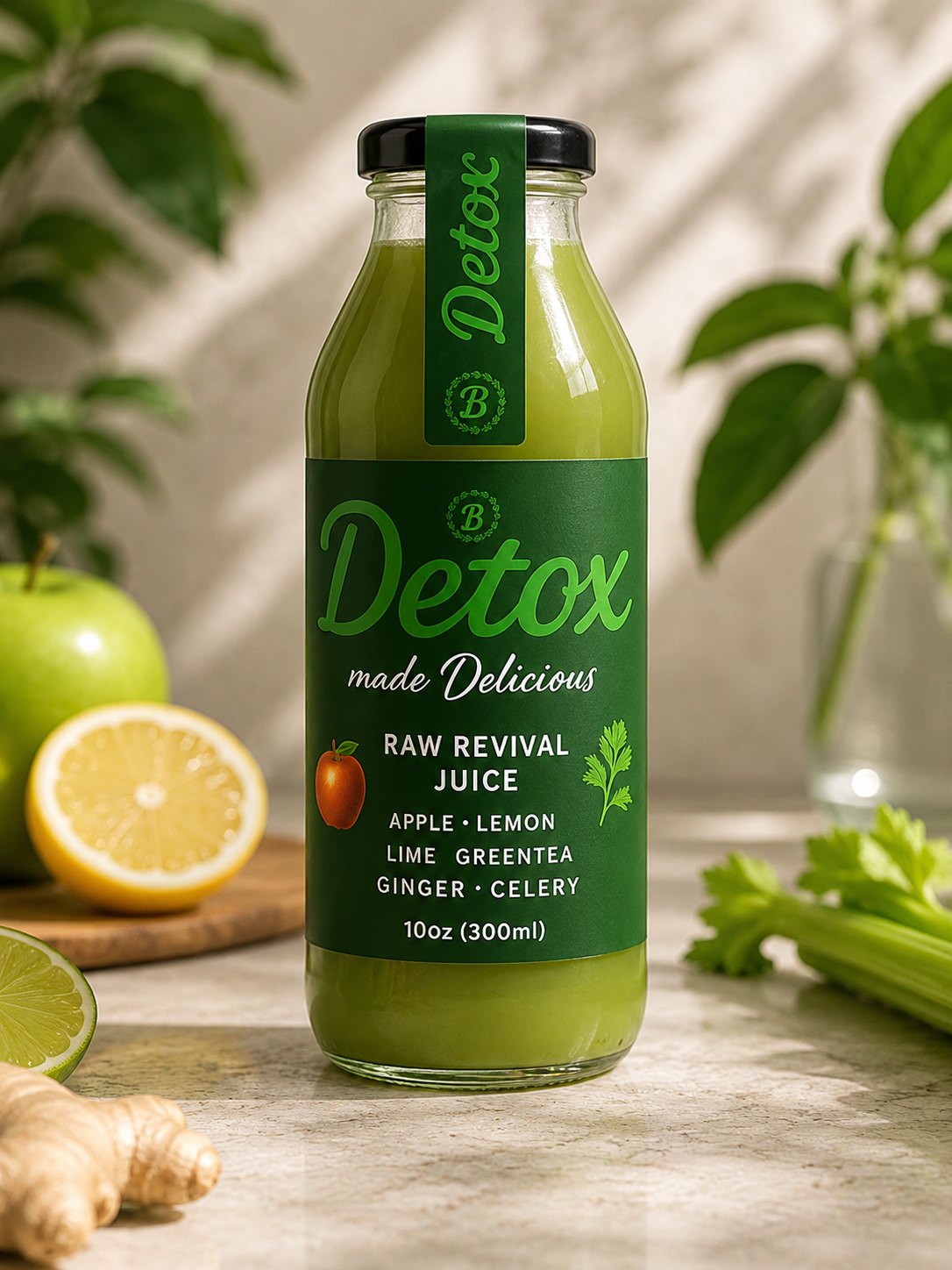 Bottle of ElixirBurst Detox Raw Revival green juice