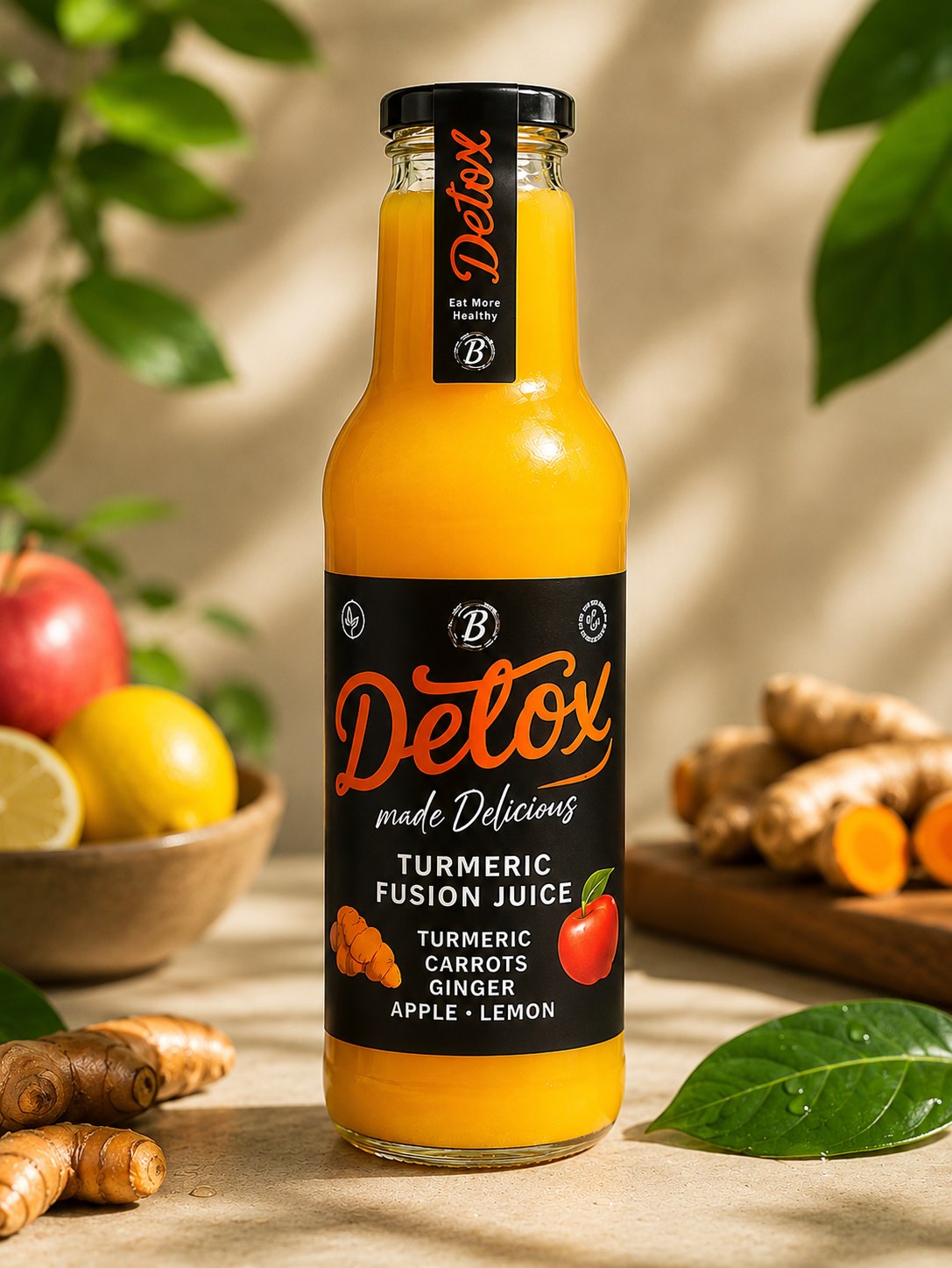 Turmeric Fusion Juice in a 750 ml (25 oz) glass bottle