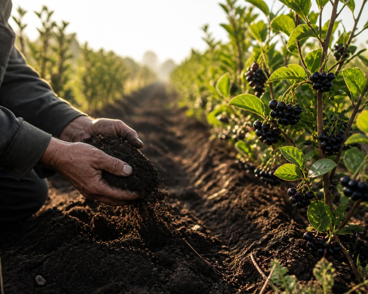 A farmer's hands lifting rich dark soil beside rows of ripe Aronia bushes at sunrise