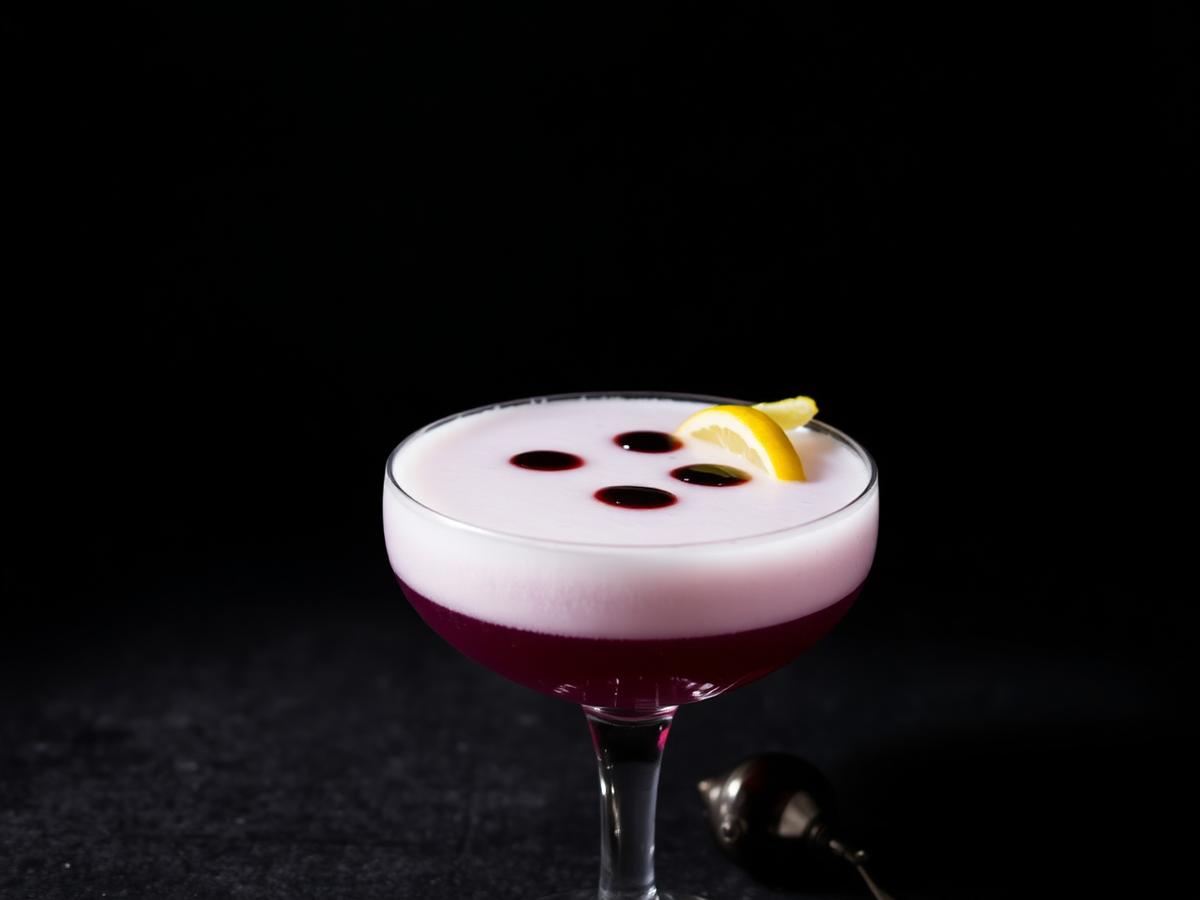 A foamy alcohol-free Aronia sour in a coupe glass